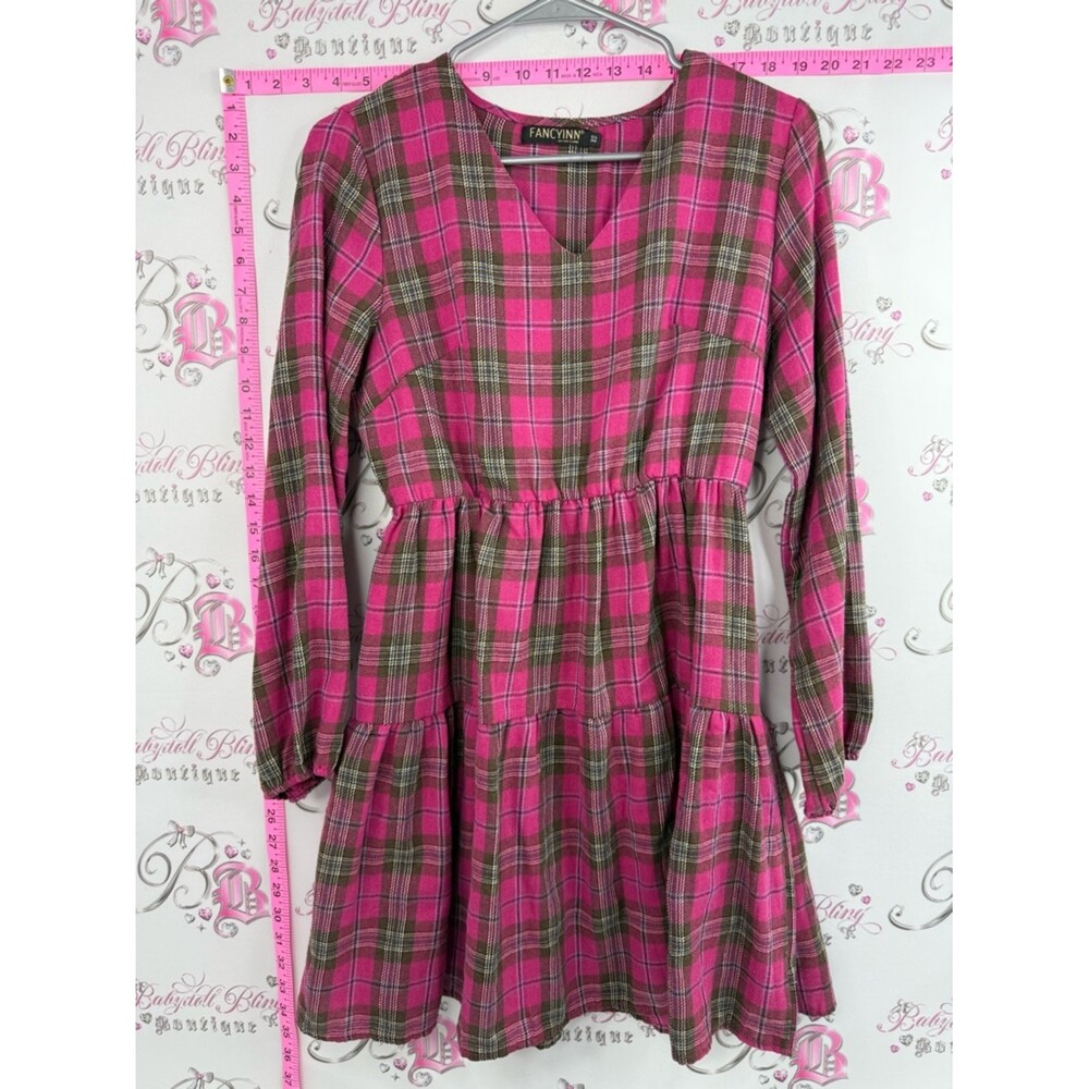 Fancyinn dress ruffle ruffles tiered frilly  Pink Plaid Tiered Mini Dress